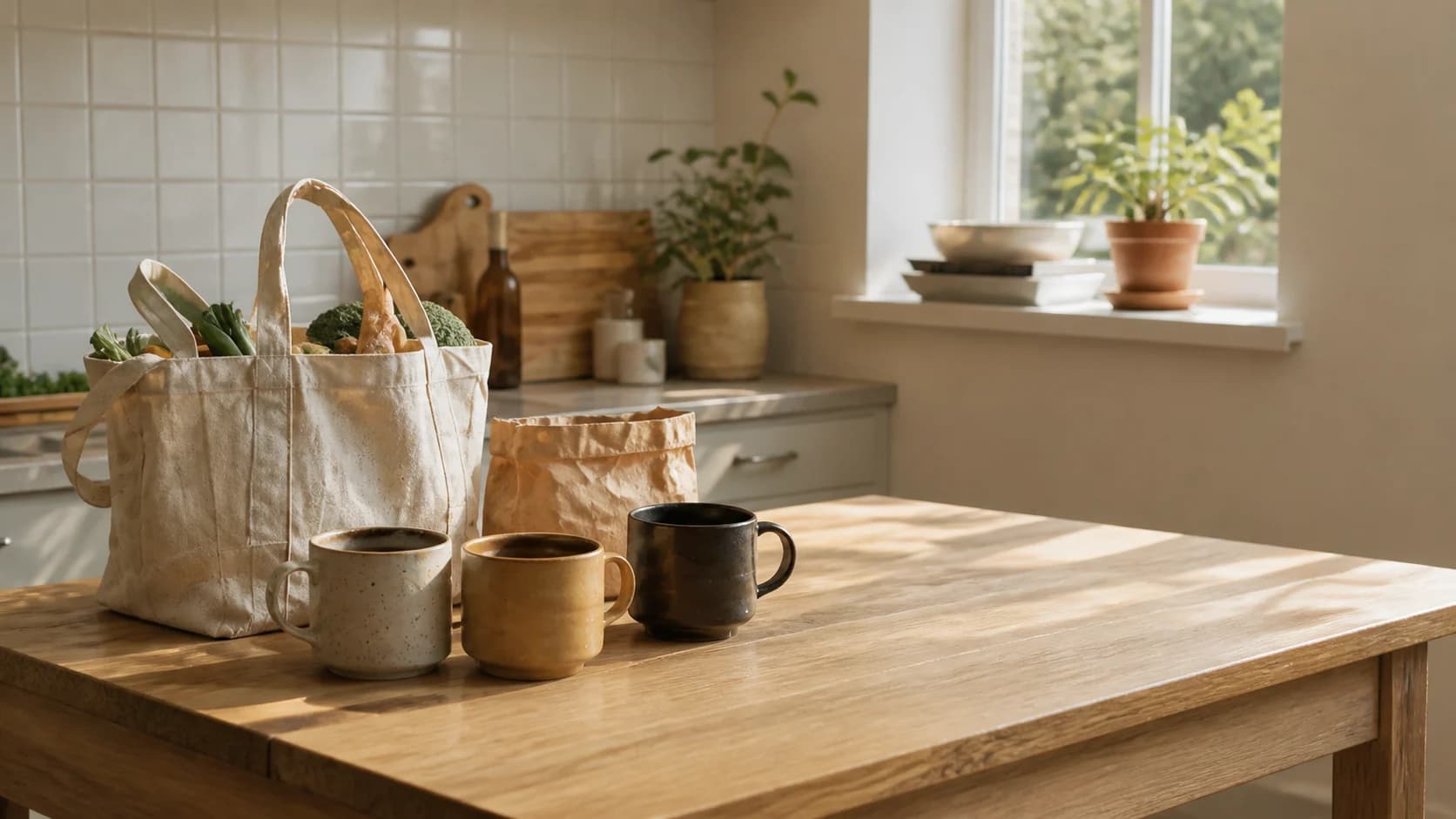 Groceries and cups on a shared kitchen table